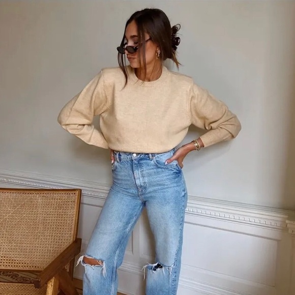 🍂🍁 DANIELLE BERNSTEIN Womens Beige Cropped Long Sleeve Crew Neck Sweater S - Picture 3 of 3